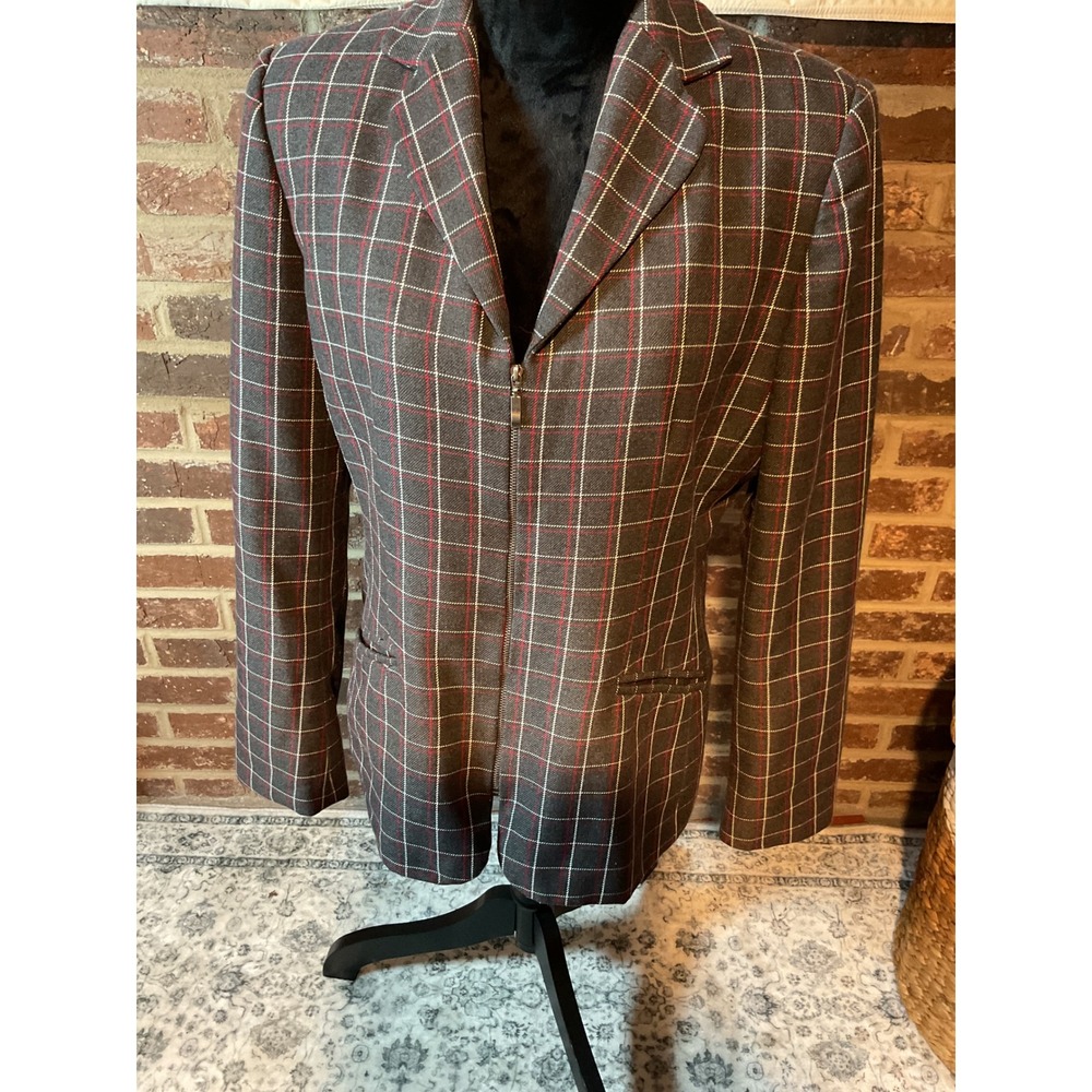 Liz Claiborne Villager Plaid Blazer Zip Up Lined Gray Red White Size 12